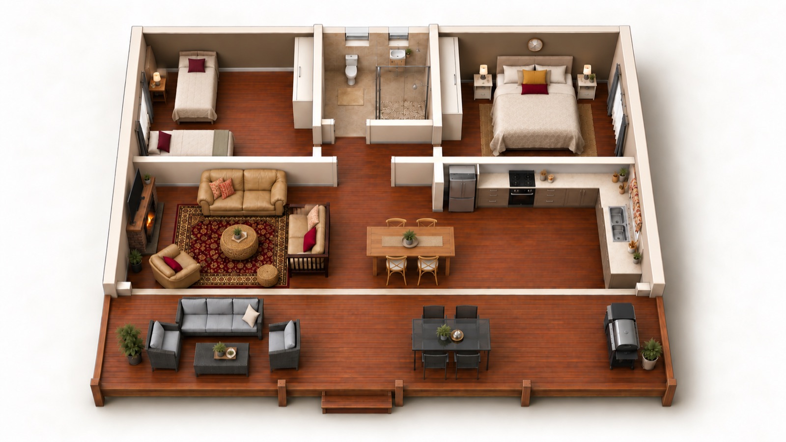 3D cutaway of House 1: twin bedroom, shared bathroom and master bedroom across the back, lounge, dining and kitchen across the front, and a full-width timber deck, in warm taupe and burgundy finishes