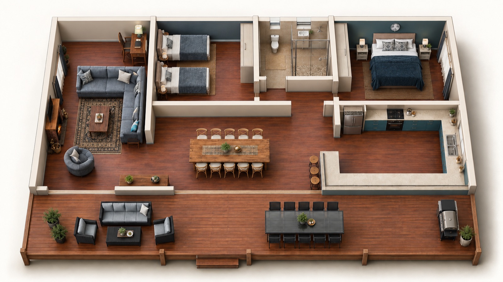3D cutaway of House 2: extended lounge down the left side, twin bedroom, shared bathroom and master bedroom across the back, long dining table and an extended kitchen with breakfast bar, and a wide timber deck, in blue finishes